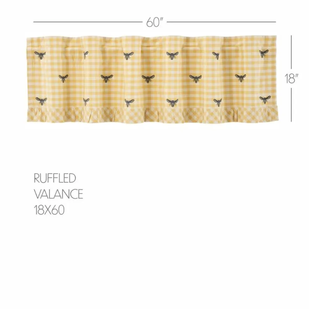 NEW! Cute Buzzing Honey Bee Ruffled Yellow Plaid Window Valance Farmhouse